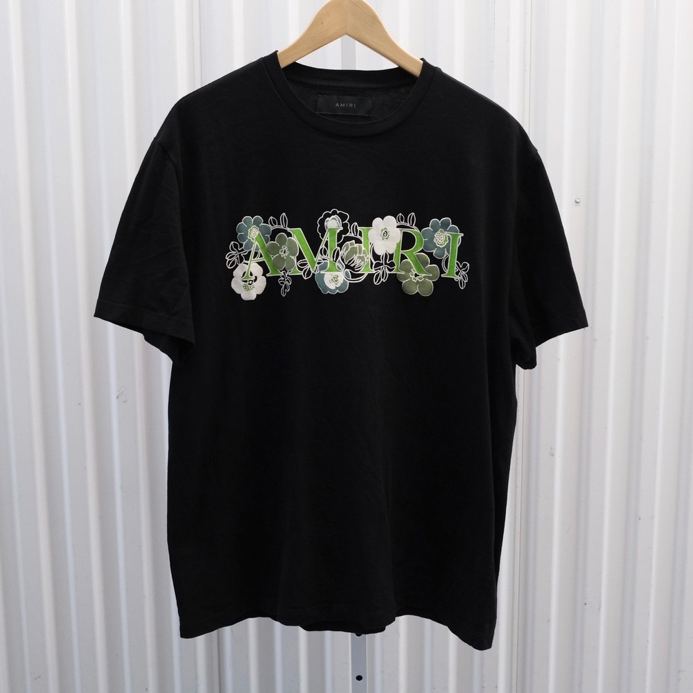 Amiri Flower Print Floral Logo T-Shirt Men's Size Large Black Short Sleeve